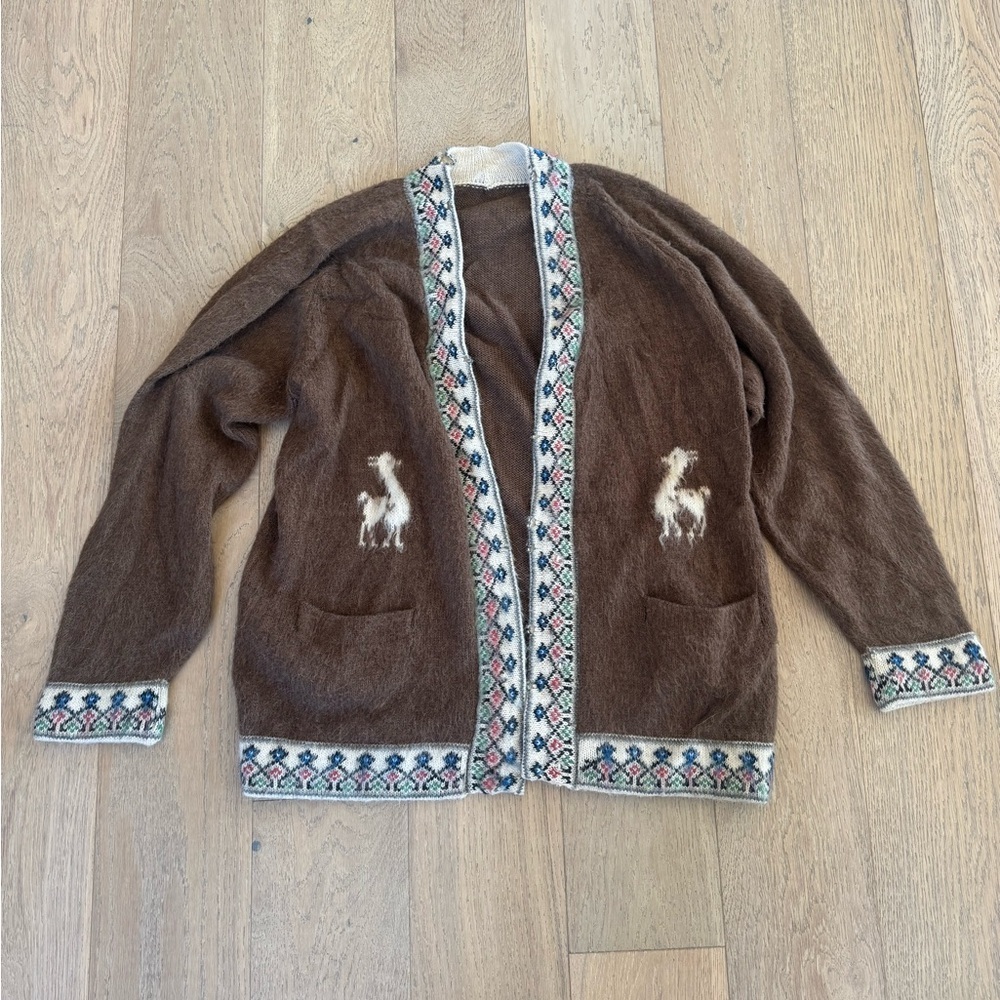 Vintage 60s 70s Fuzzy Mohair Alpaca Llama Cardigan Sweater Brown Boho Rare L/XL